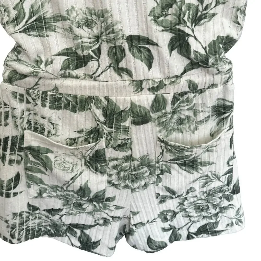 New Chaser Poor Boy Ribbed  Double-V Shorts Romper Green/Ivory‎ Topical Print M